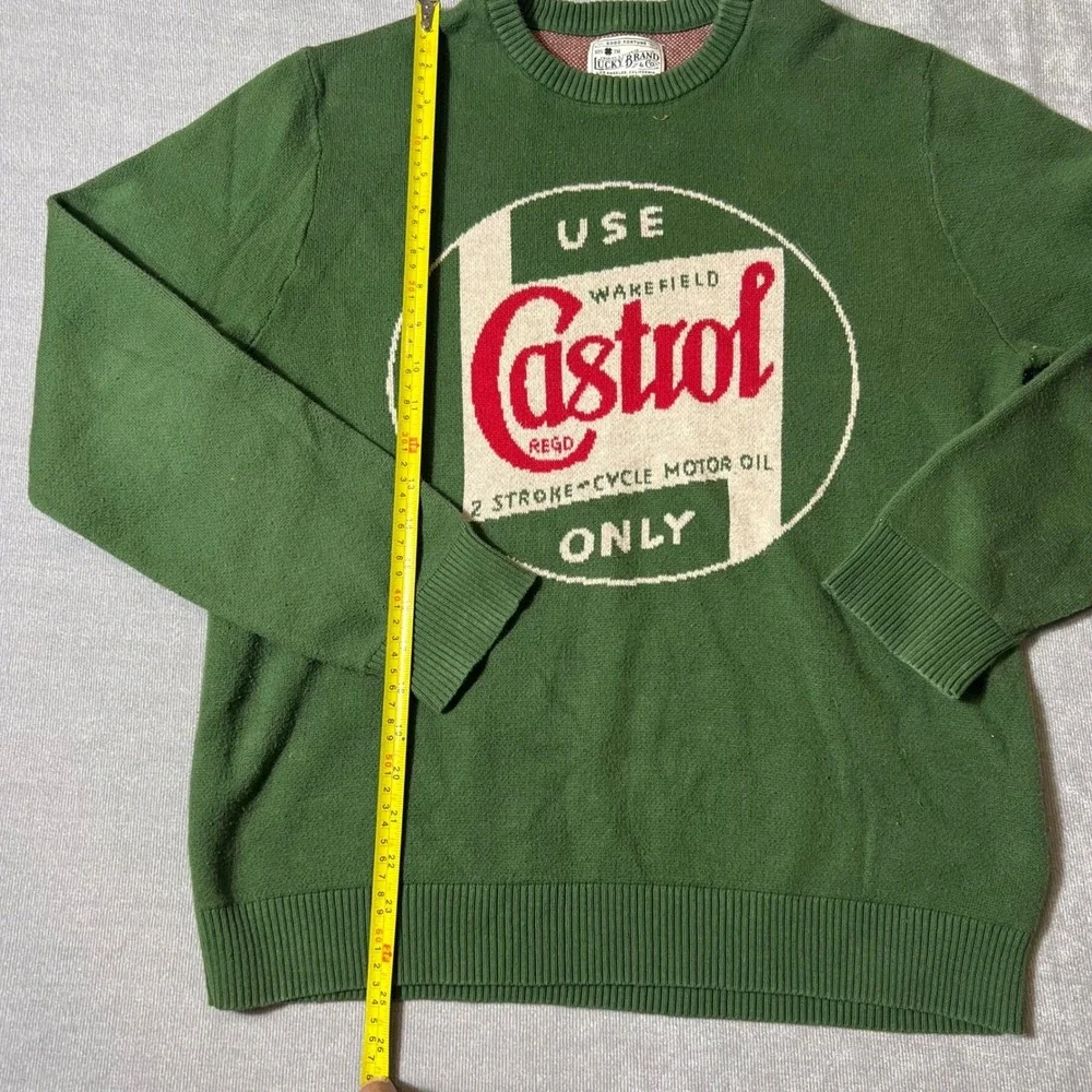 Lucky Brand Mens Castrol Motor Oil Graphic Knit Crewneck Sweater Green Medium